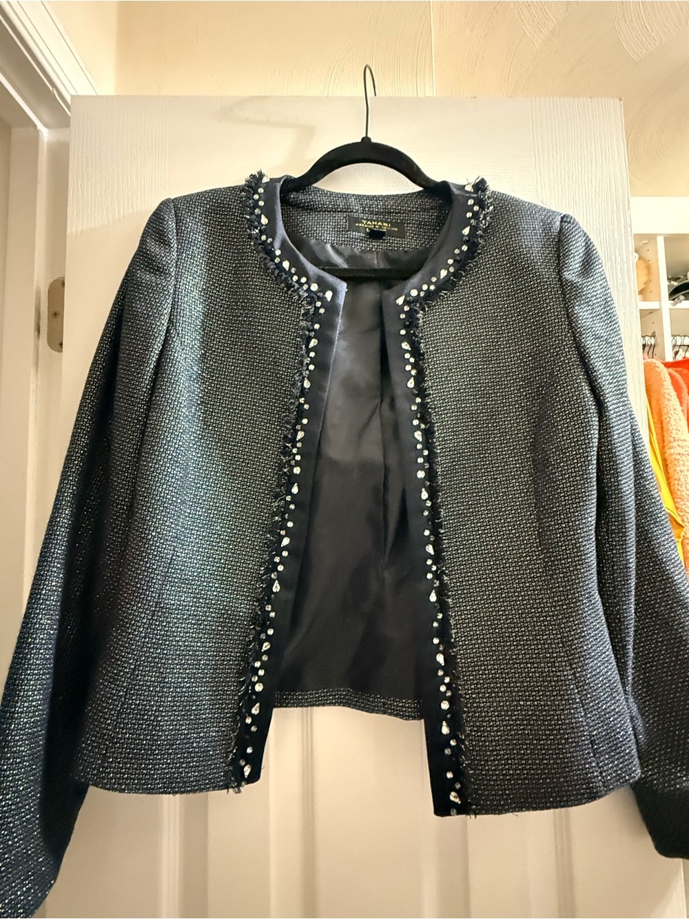 Tahari Black and Silver Tweed Beaded Collarless Jacket